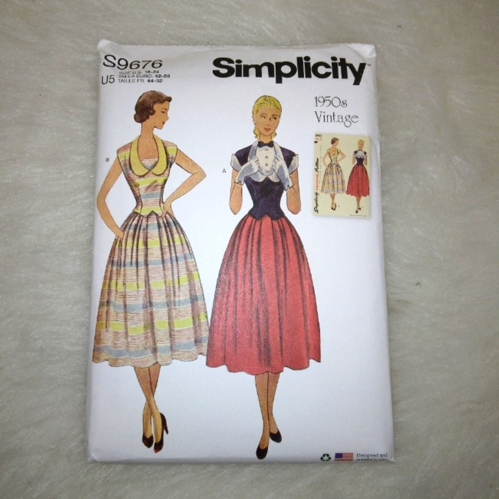 SIMPLICITY S9676 Sz 16-24;Vintage 1950s reproduced 2 piece dress and vestette